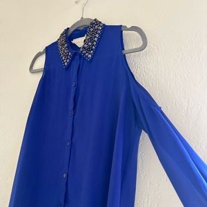 Royal Blue shoulder peek with long sleeves and rhinestone collar